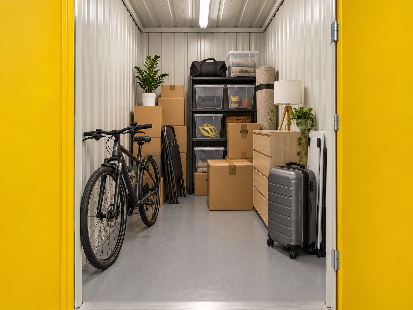 Interior de trastero medio con bicicleta, muebles y cajas
